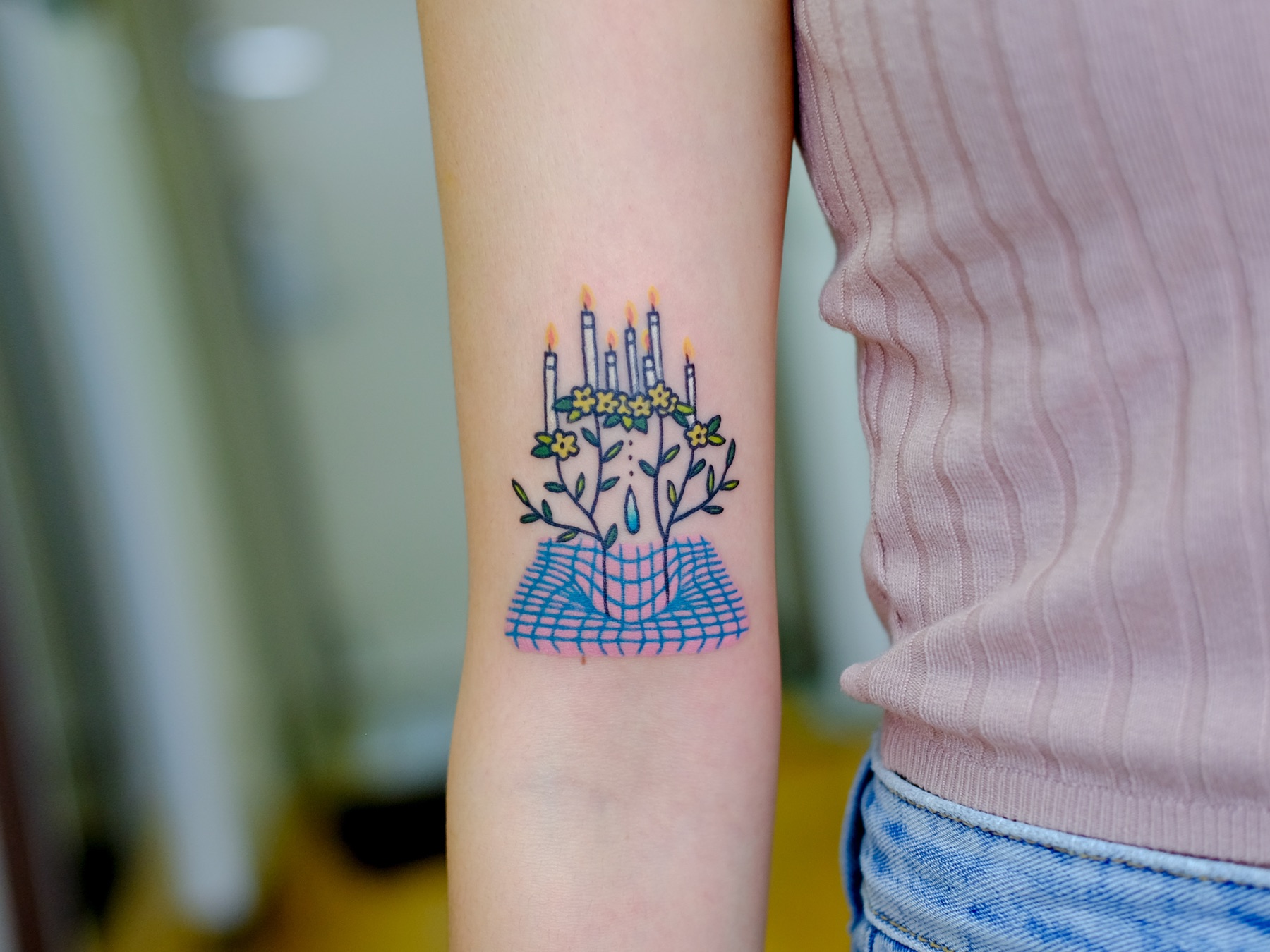 Pastel Floral Candle Tattoo — 1 of 1